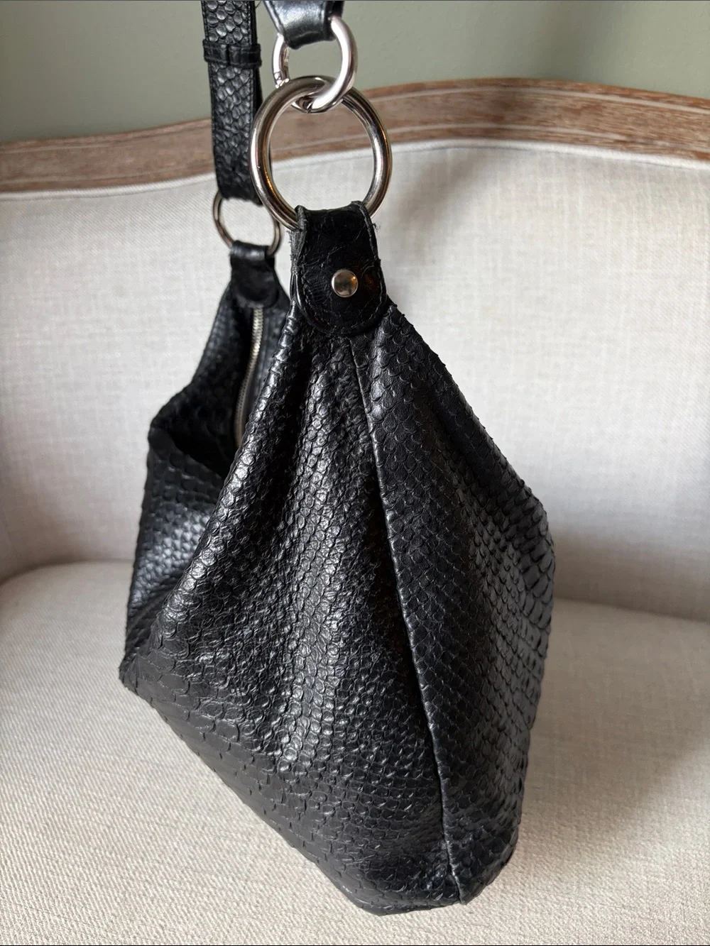 Furla Black Croc Embossed Leather Hobo Shoulder Bag